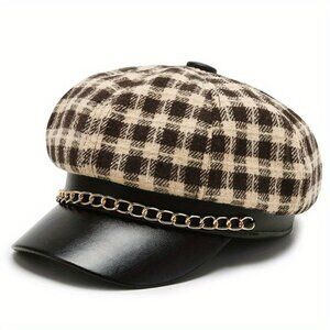 Trendy Plaid Octagonal Beret Hats Classic Chain Decor Newsboy Hat Lightweight